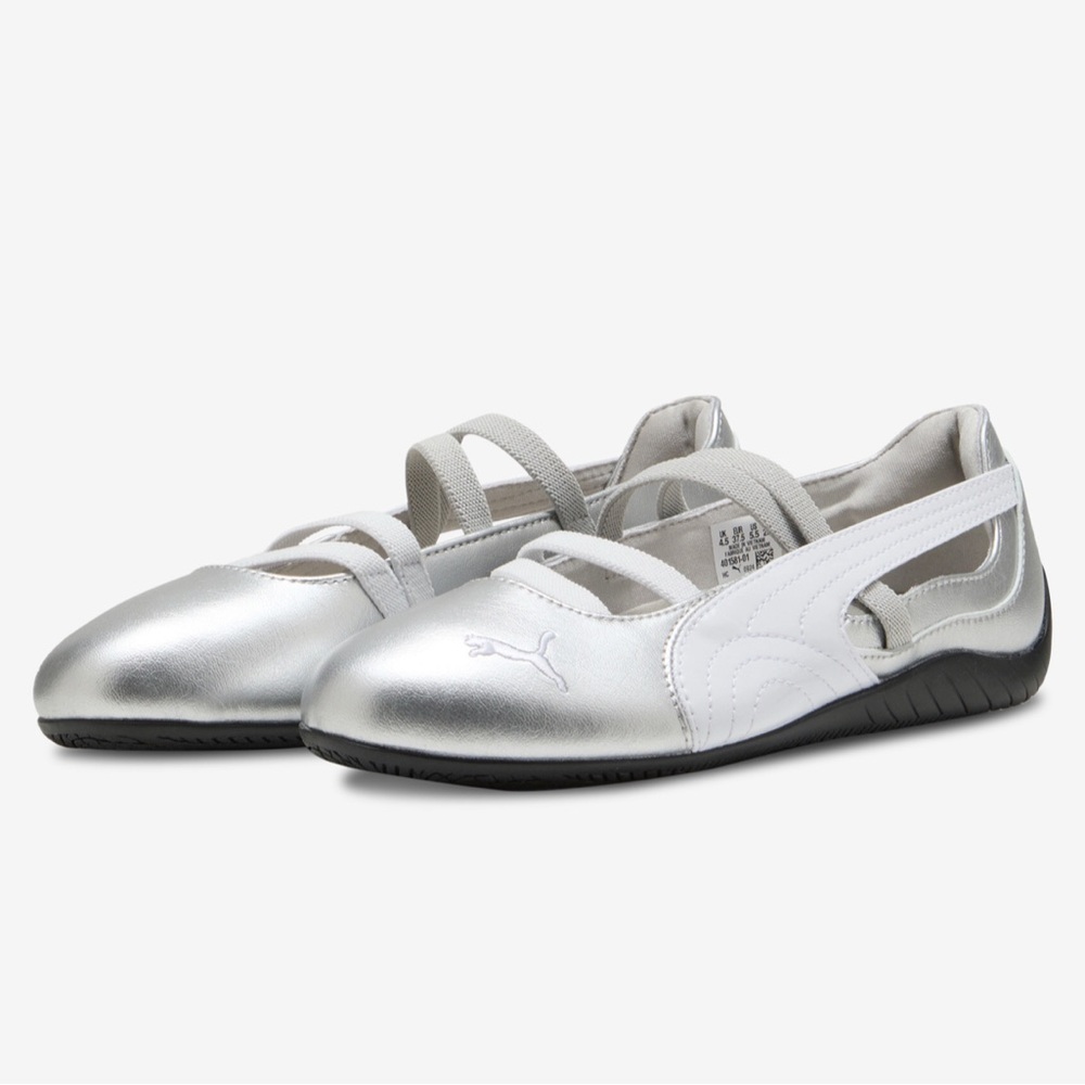 Puma Silver and White Ballet Flats with Elastic Straps